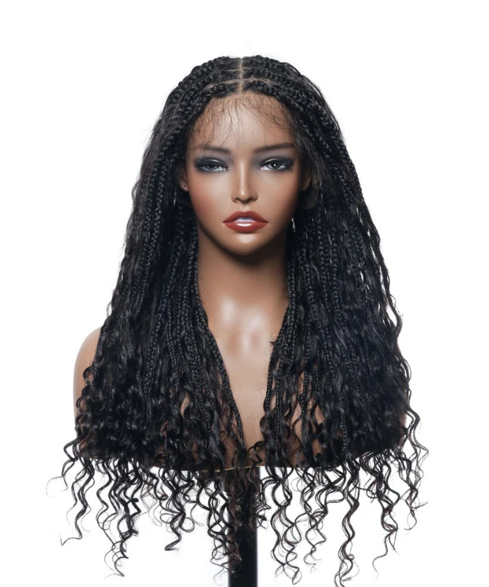Short HD Full Lace Knotless Boho Box Braided Wig With Human Hair Natural Black