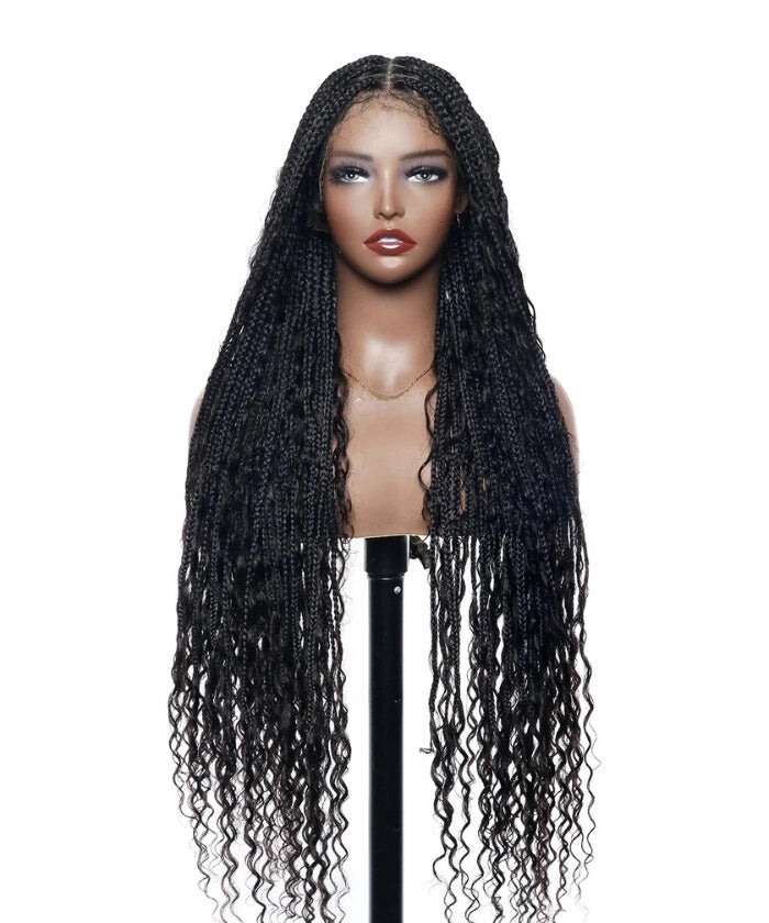 Deep Curly Boho Knotless Braided HD Full Lace Wig Natural Black