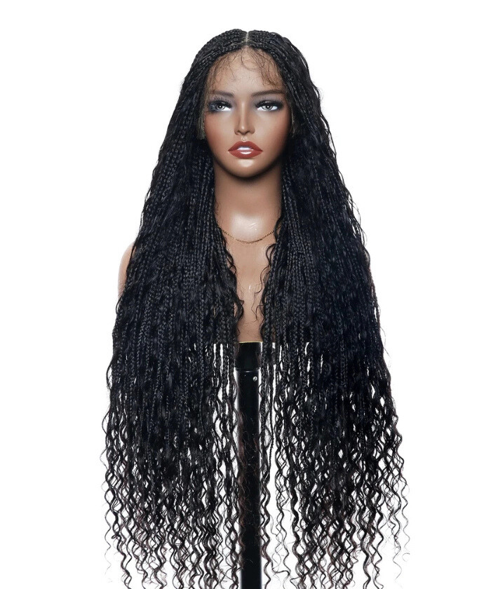 Deep Curly Boho Knotless Braided HD Full Lace Wig Natural Black