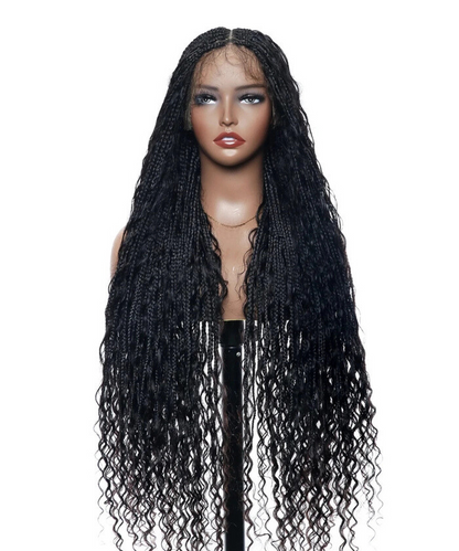 Deep Curly Boho Knotless Braided HD Full Lace Wig Natural Black