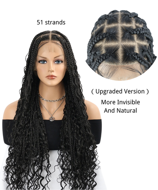 Human Baby Hair Boho Curls Knotless Braided HD Full Lace Wig Hand-tied Natural Black（Upgraded Version）