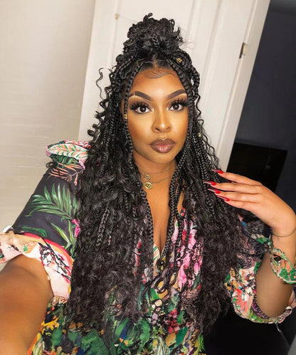 Deep Curly Boho Knotless Braided HD Full Lace Wig Natural Black