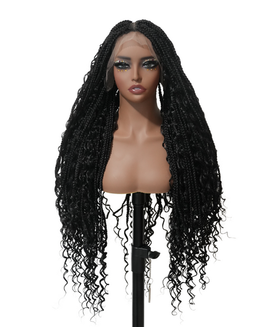 121 Strands Human Baby Hair Boho Curls Knotless Braided HD Full Lace Wig Hand-tied Natural Black