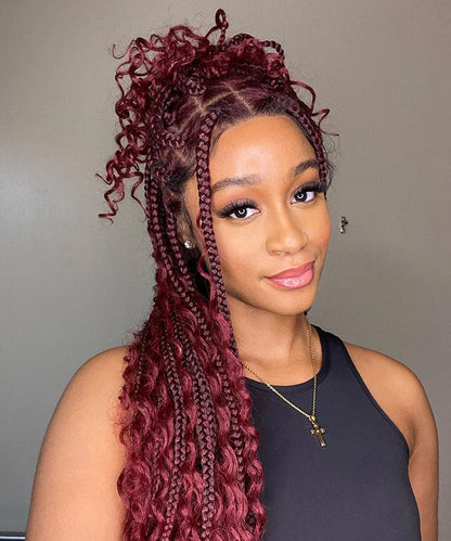 Deep Curly Boho Knotless Braided HD Full Lace Wig Natural Black