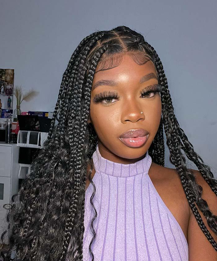 Deep Curly Boho Knotless Braided HD Full Lace Wig Natural Black