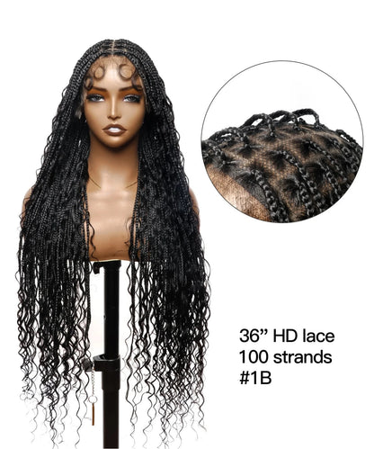 Deep Curly Boho Knotless Braided HD Full Lace Wig Natural Black