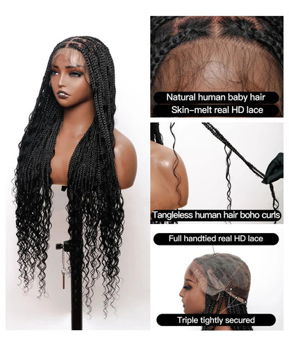 Deep Curly Boho Knotless Braided HD Full Lace Wig Natural Black