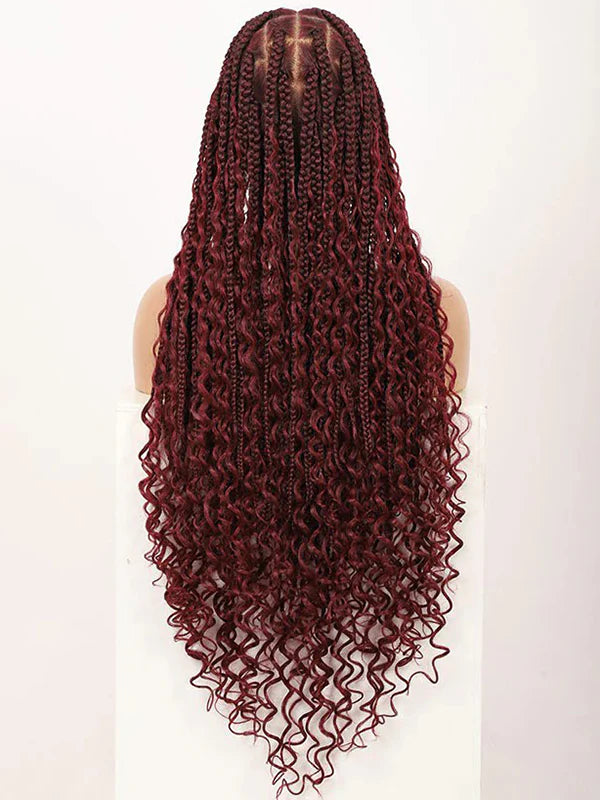Deep Curly Boho Knotless Braided HD Full Lace Wig Gradient Burgundy